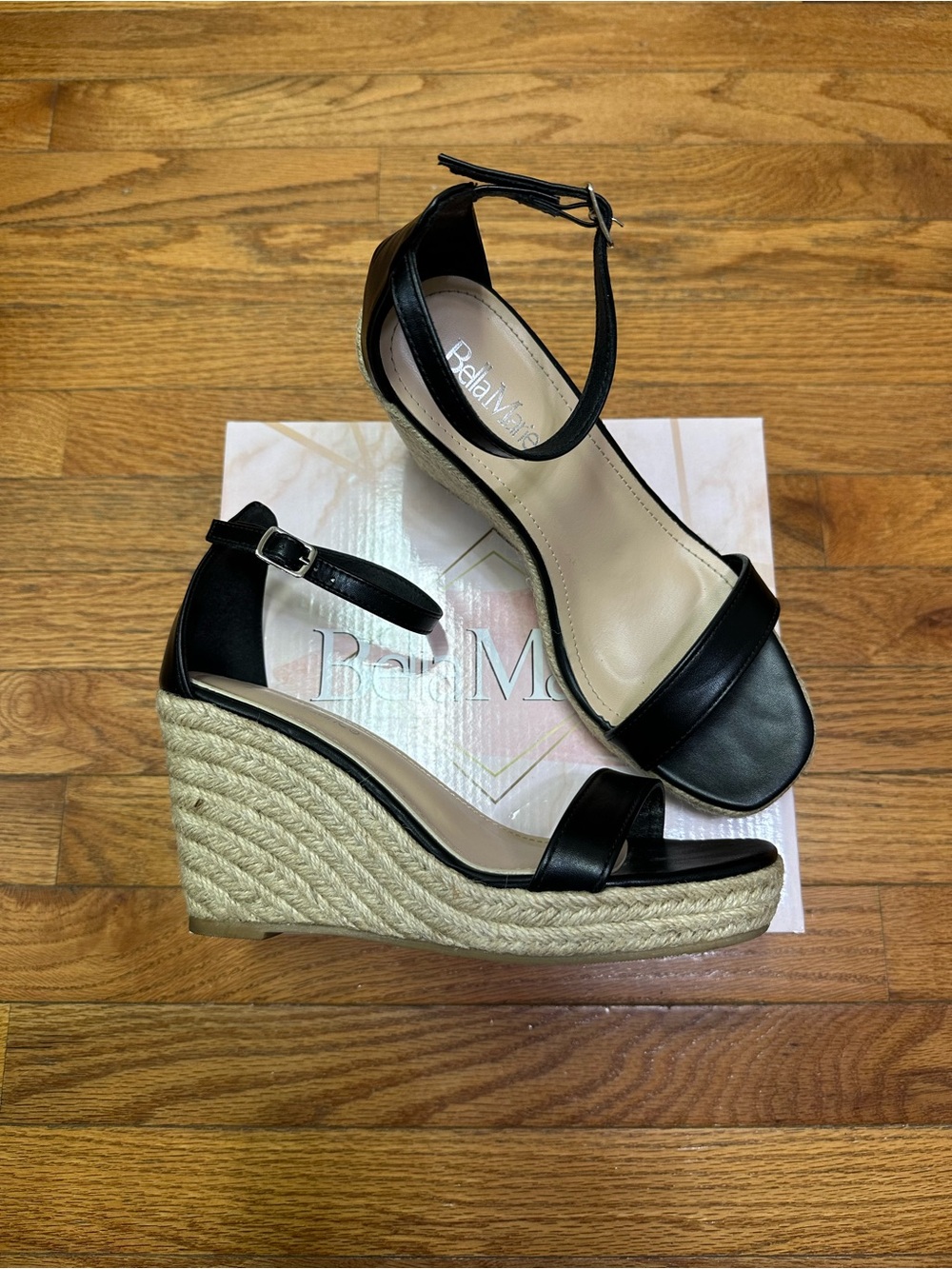 Bella Marie Black Espadrille Wedges with Ankle Strap